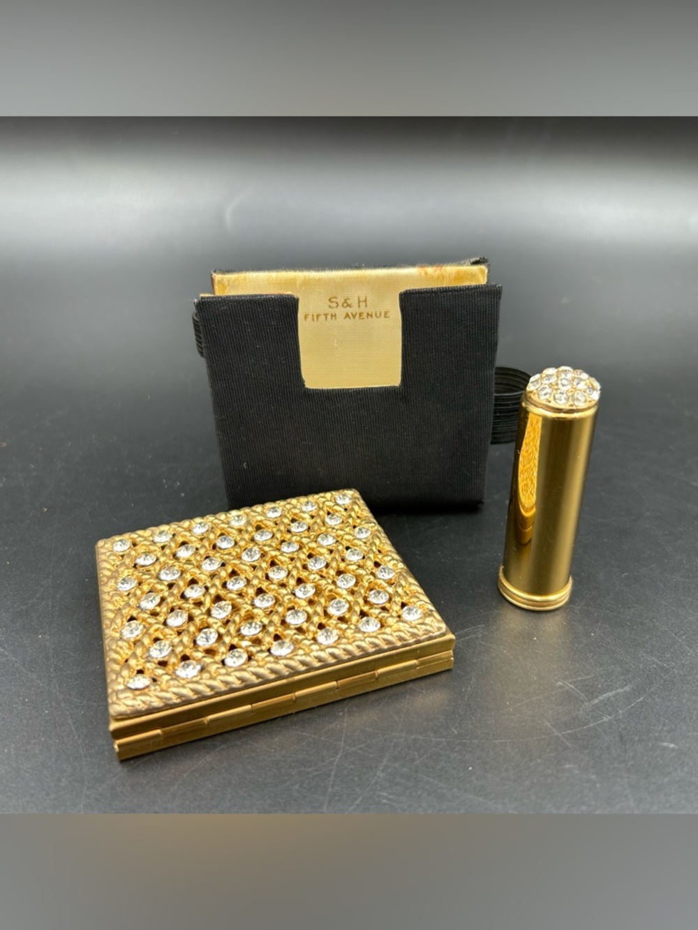 S&H Fifth Ave Rhinestone Compact Lipstick Holder Complete Set Gold Case 1950s